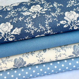 4 Piece Blue Victorian Roses HALF METRE Bundle 100% Cotton Poplin Fabrics