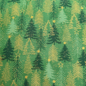 Snowfall Christmas Trees Green & Gold Metallic 100% cotton fabric 44" wide per 1/2 metre
