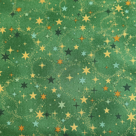 Snowfall Christmas Twinkle Stars Green & Gold Metallic 100% cotton fabric 44" wide per 1/2 metre