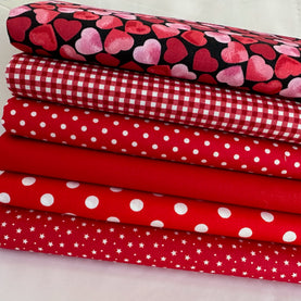 Valentines red 6 piece FAT QUARTER BUNDLE,  100% cotton poplin fabric