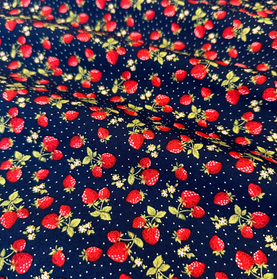 Navy Strawberries 100% Cotton Poplin Fabric Sold Per 1/2 Metre 44" wide (112cm)