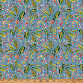 1 metre piece Whimsical Flower Garden Copen Blue Leaf, Premium Cotton Fabric 112cm wide