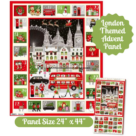 London Themed Advent Christmas Fabric Panel 100% Premium Cotton Fabric 24" x 44"