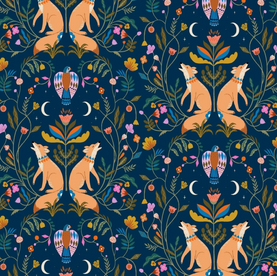 Dashwood Wildflower Foxes Blue 100% Premium Cotton Fabric, sold per 1/2 metre 112cm wide