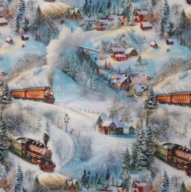 Train Winter Christmas Scene 100% cotton fabric - sold per half metre 136cm wide