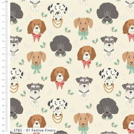 Holly & Hounds: Festive Finery 100% Premium Cotton fabric 44" wide per 1/2 metre